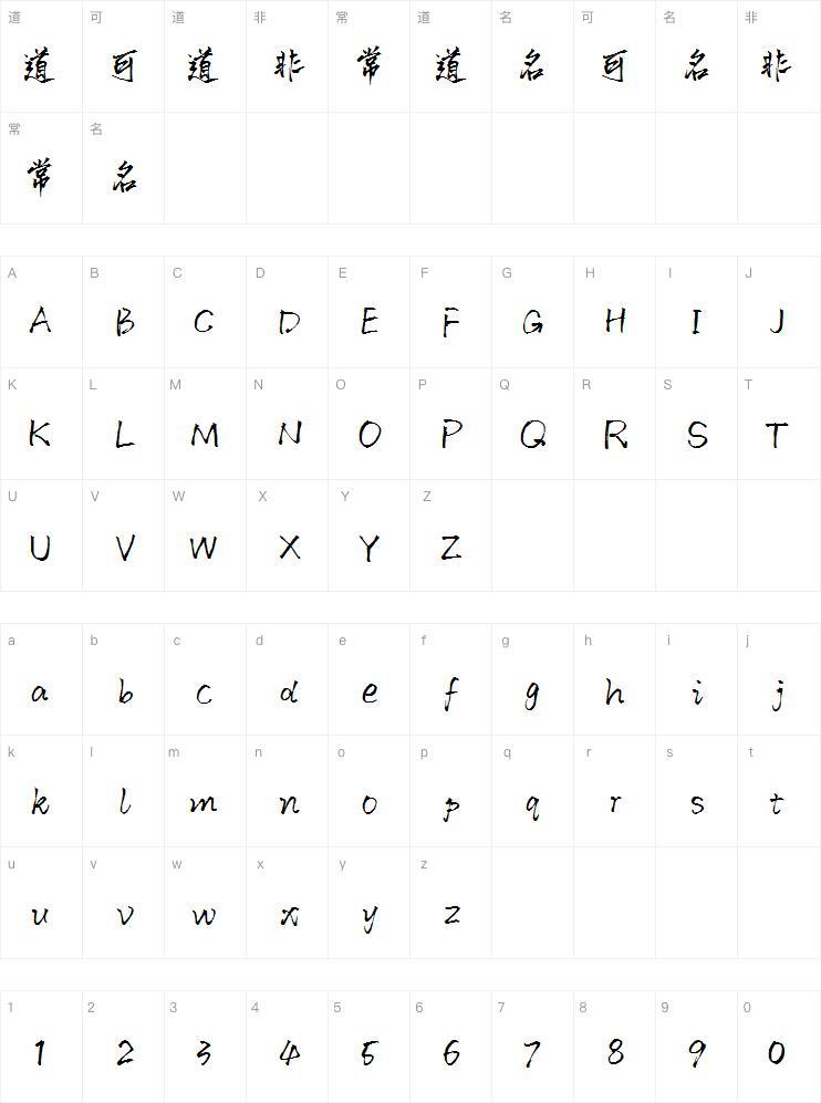 Momo kibirli el yazısı yazı tipi Karakter haritası