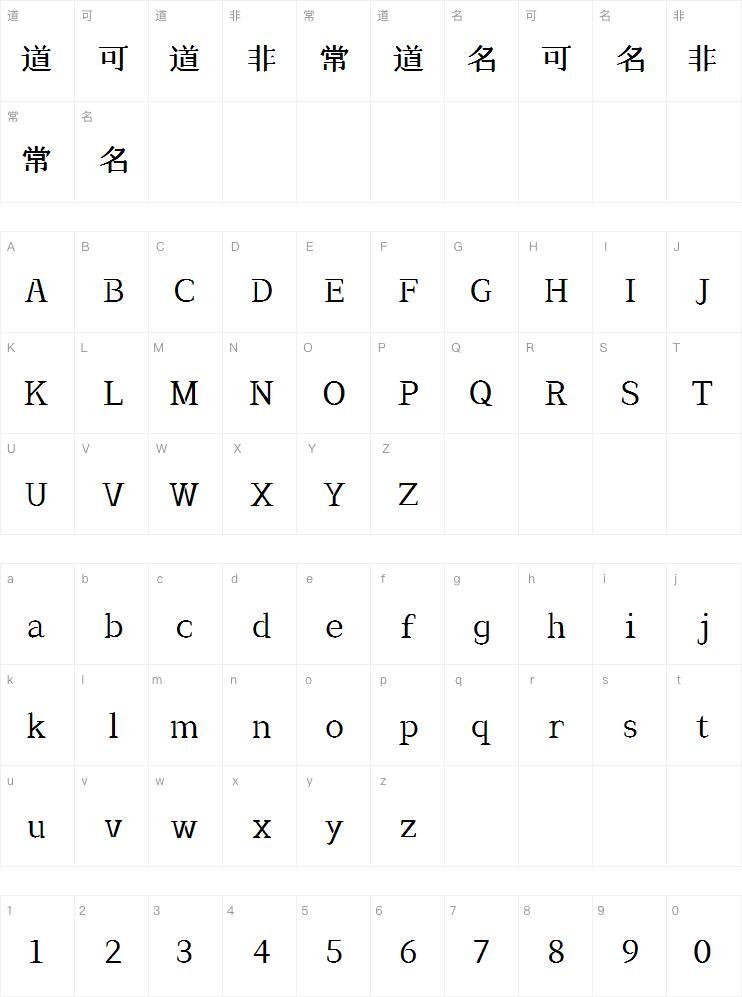 The first Zhongzheng Song font Character Map