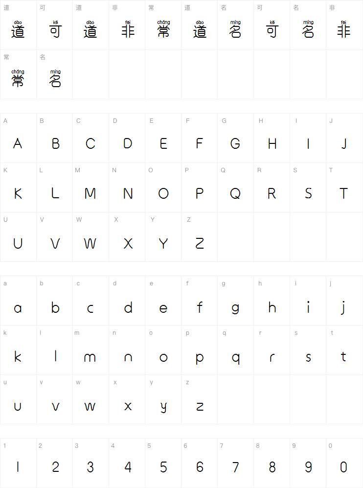 Zixinfang Romantik Pinyin yazı tipi Karakter haritası