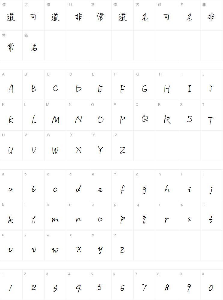 Bacula script font Character Map