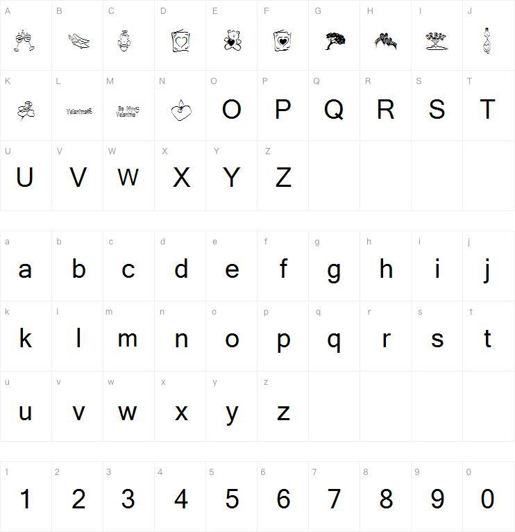 Cuori Divertenti字体 Mapa de caracteres
