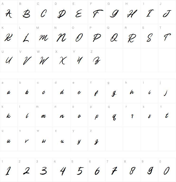 Chalista字体 Karakter haritası