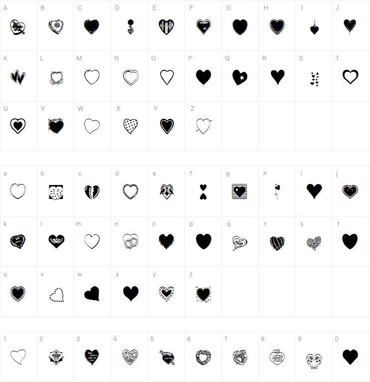 Heartsgalore字体 Carte de caractère