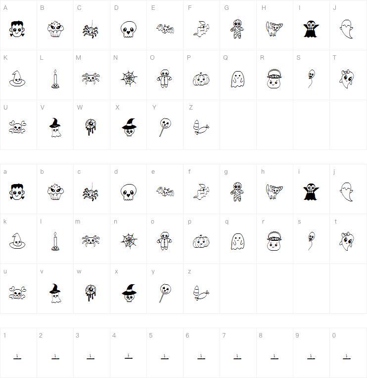 Симпатичные рисунки на Хэллоуин 字体 Карта персонажей