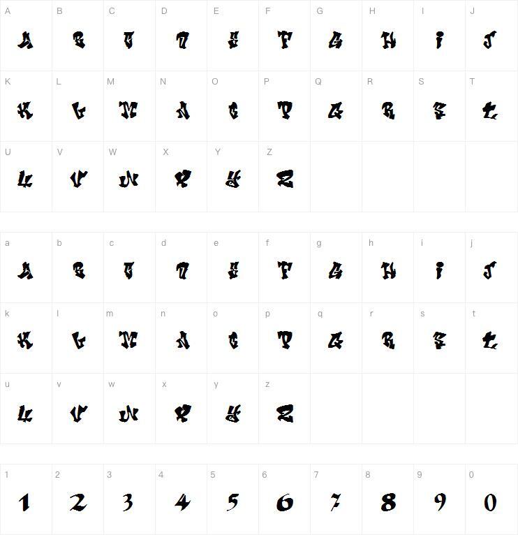 Crazy Calligraphy字体キャラクターマップ