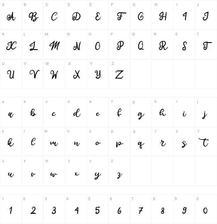 Calista - manuscrito 字体 Mapa de caracteres